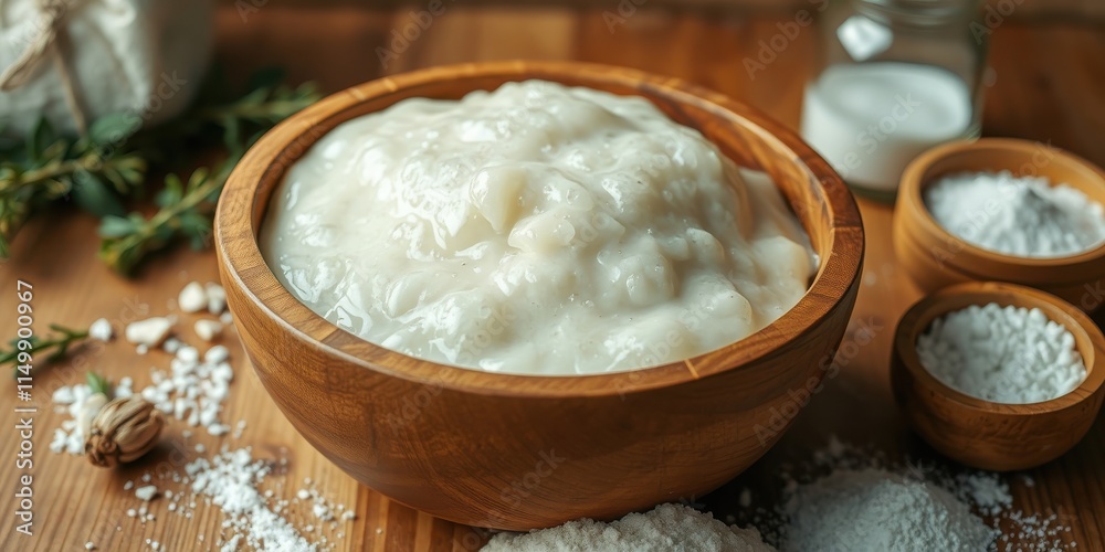 Creamy White Food in Wooden Bowl with Powdered Ingredients Creamy White Food in Wooden Bowl with Powdered Ingredients