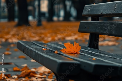 A wooden bench in an autumn park, with orange leaves scattered around it. 