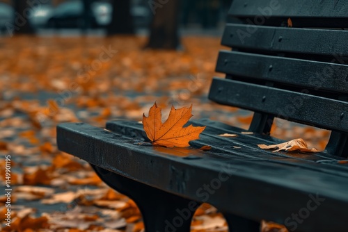 A wooden bench in an autumn park, with orange leaves scattered around it. 