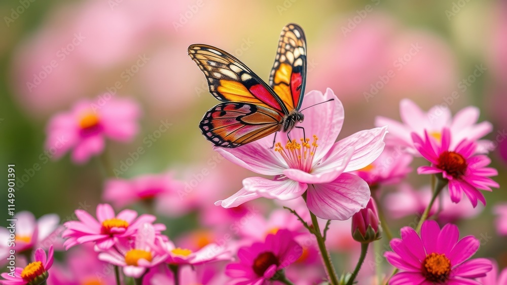 Naklejka premium A vibrant butterfly delicately perched on a pink flower amidst a field of blooming blossoms