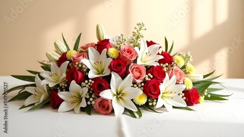 Wallpaper Mural A vibrant floral arrangement of roses, lilies, and chrysanthemums on a white table Torontodigital.ca