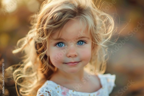 Close up portrait of a charming young girl with captivating blue eyes and flowing blonde hair, radiating innocence and joy