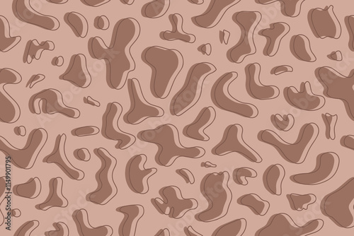 Seamless pattern of organic liquid stains in color 2025 mocha mousse. Abstract stains on beige background. In flat and linear style. Vector