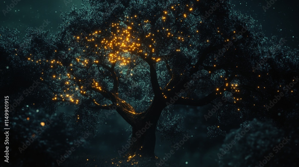 Enchanted Forest Tree with Glowing Lights at Night Enchanted Forest Tree with Glowing Lights at Night