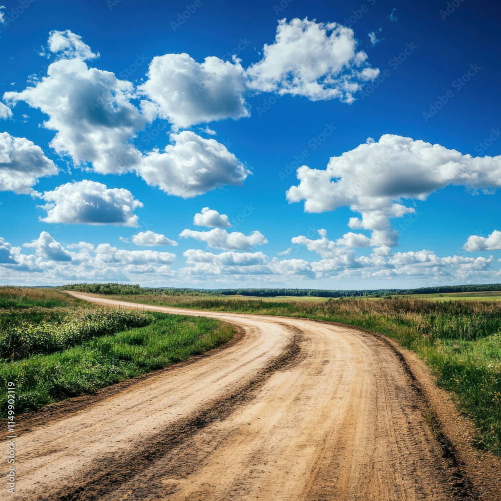 Dirty rural road in countryside on blue sky Dirty rural road in countryside on blue sky