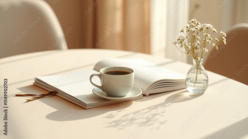 Peaceful morning with coffee, book, and flowers on a table Peaceful morning with coffee, book, and flowers on a table