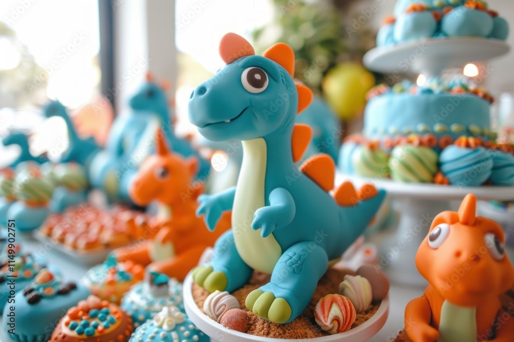 Obraz premium Adorable blue dinosaur figurine stands out among colorful treats and decorations at a vibrant dinosaur themed birthday celebration