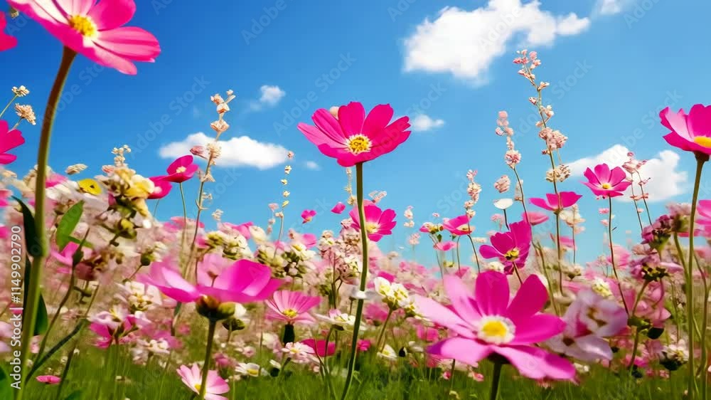 Bright pink flowers blooming under blue sky with fluffy clouds in a sunny field during springtime