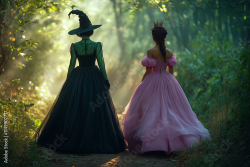 Back view of a green witch and a pink princess looking into a forest.