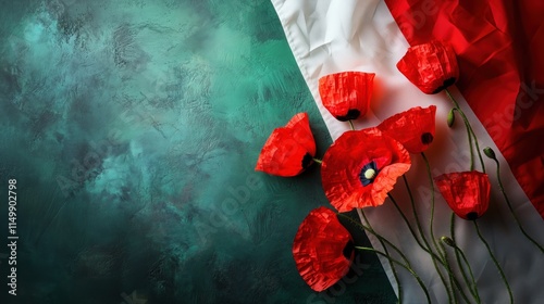 Red poppy flowers on background with Italy flag. Liberation day holiday. Festa della liberazione