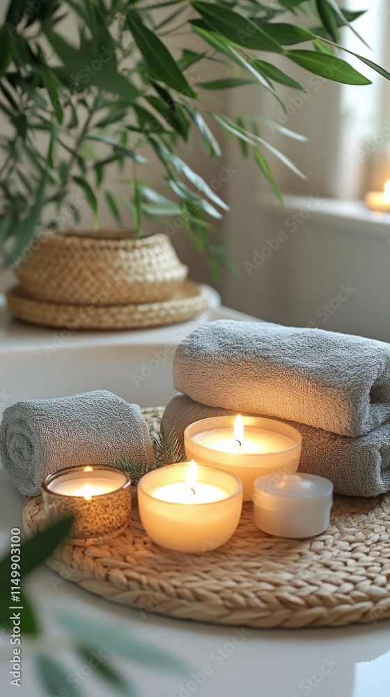 Relaxing spa setup with rolled towels and candles in tranquil indoor space Relaxing spa setup with rolled towels and candles in tranquil indoor space