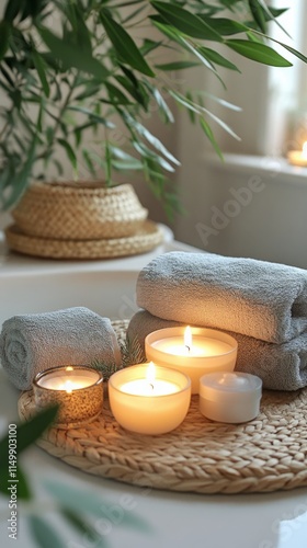 Relaxing spa setup with rolled towels and candles in tranquil indoor space