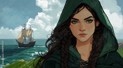 Green Hooded Woman Gazing at Distant Ship photo