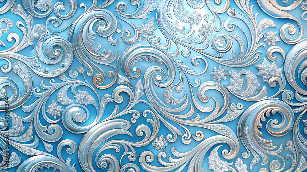 Ornate blue and silver decorative pattern.