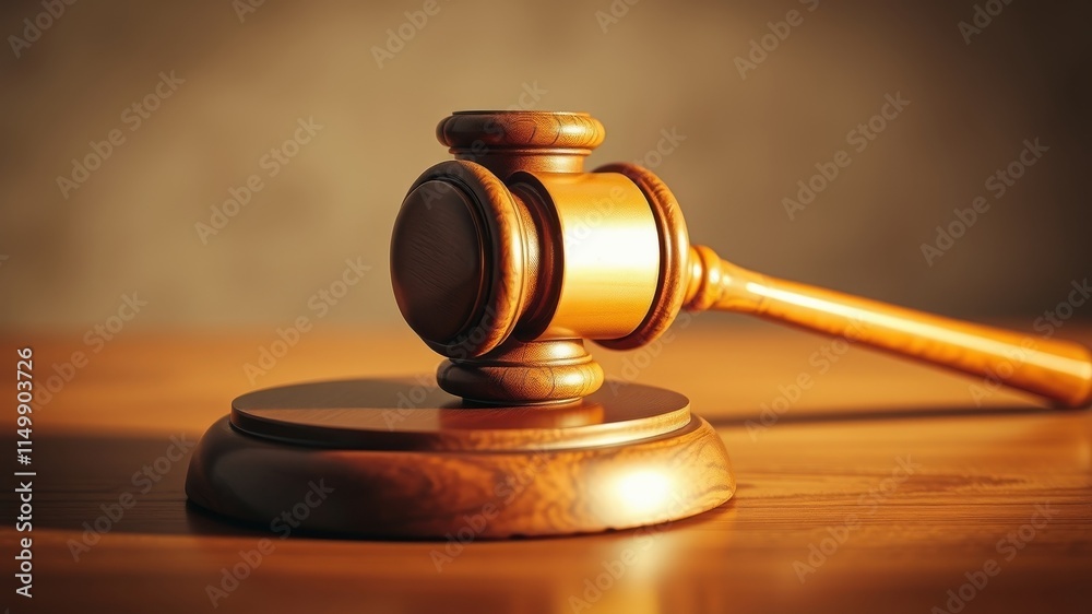 A Polished Wooden Gavel Rests on its Block, Symbolic of Justice and Legal Proceedings A Polished Wooden Gavel Rests on its Block, Symbolic of Justice and Legal Proceedings