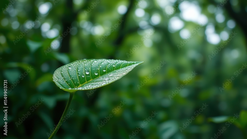Serene Dewdrops Adorn a Lush Green Leaf in a Tranquil Forest Setting Serene Dewdrops Adorn a Lush Green Leaf in a Tranquil Forest Setting