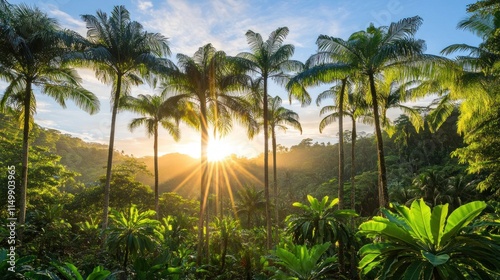 Wallpaper Mural Sunrise through palm trees in lush tropical forest. Torontodigital.ca