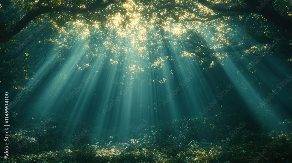 Obraz premium Sunbeams pierce dark, lush forest canopy.