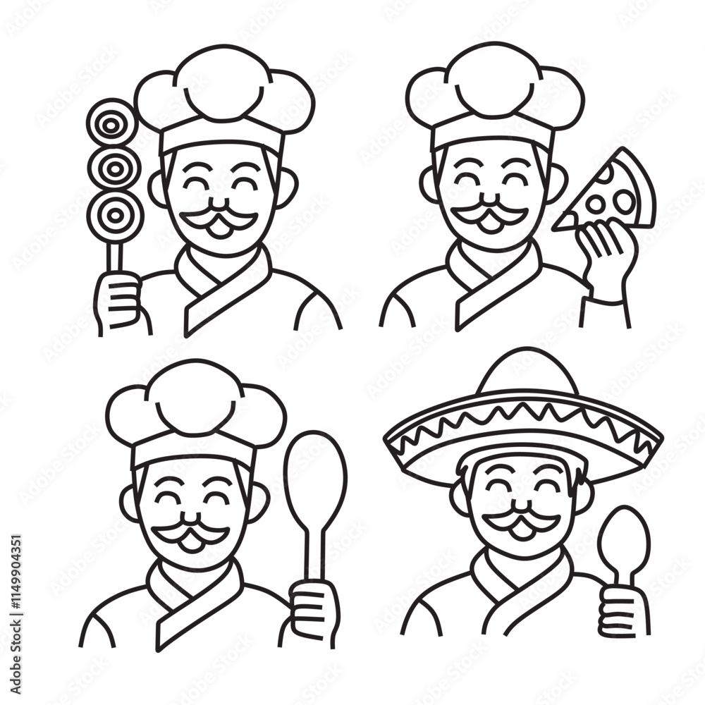 set of cartoon chef vector icon. chef cooking and baking. chef with uniform. chef elements consist of chef with spoon, roast meat, Mexican musical instruments, and pizza set of cartoon chef vector icon. chef cooking and baking. chef with uniform. chef elements consist of chef with spoon, roast meat, Mexican musical instruments, and pizza