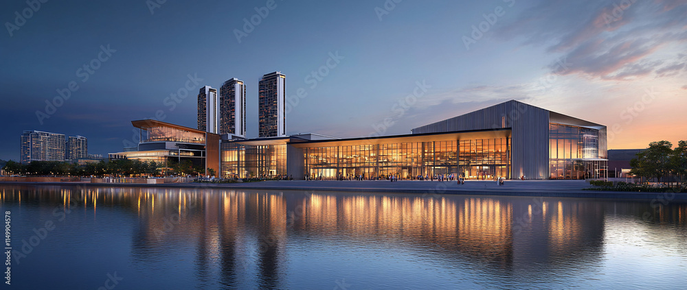 Fototapeta premium Modern waterfront convention center at dusk.