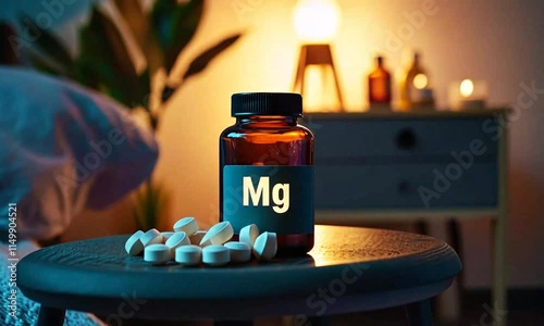 Bottle of magnesium pills on a bedside table. insomnia treatment