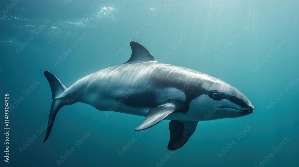 A dynamic underwater shot of a vaquita swimming gracefully in the clear blue ocean, its streamlined body slicing through the water. Sunlight filters through the surface, creating soft, dancing pattern A dynamic underwater shot of a vaquita swimming gracefully in the clear blue ocean, its streamlined body slicing through the water. Sunlight filters through the surface, creating soft, dancing pattern