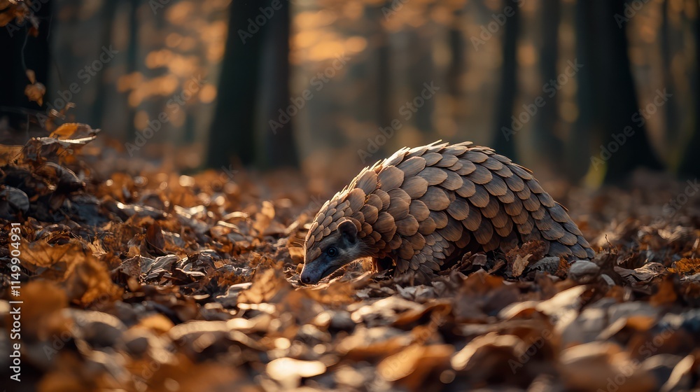 Obraz premium A ground-level perspective of a pangolin walking through a forest floor covered in dried leaves, its scales shimmering with subtle golden hues under dappled sunlight. The scene captures the pangolins 