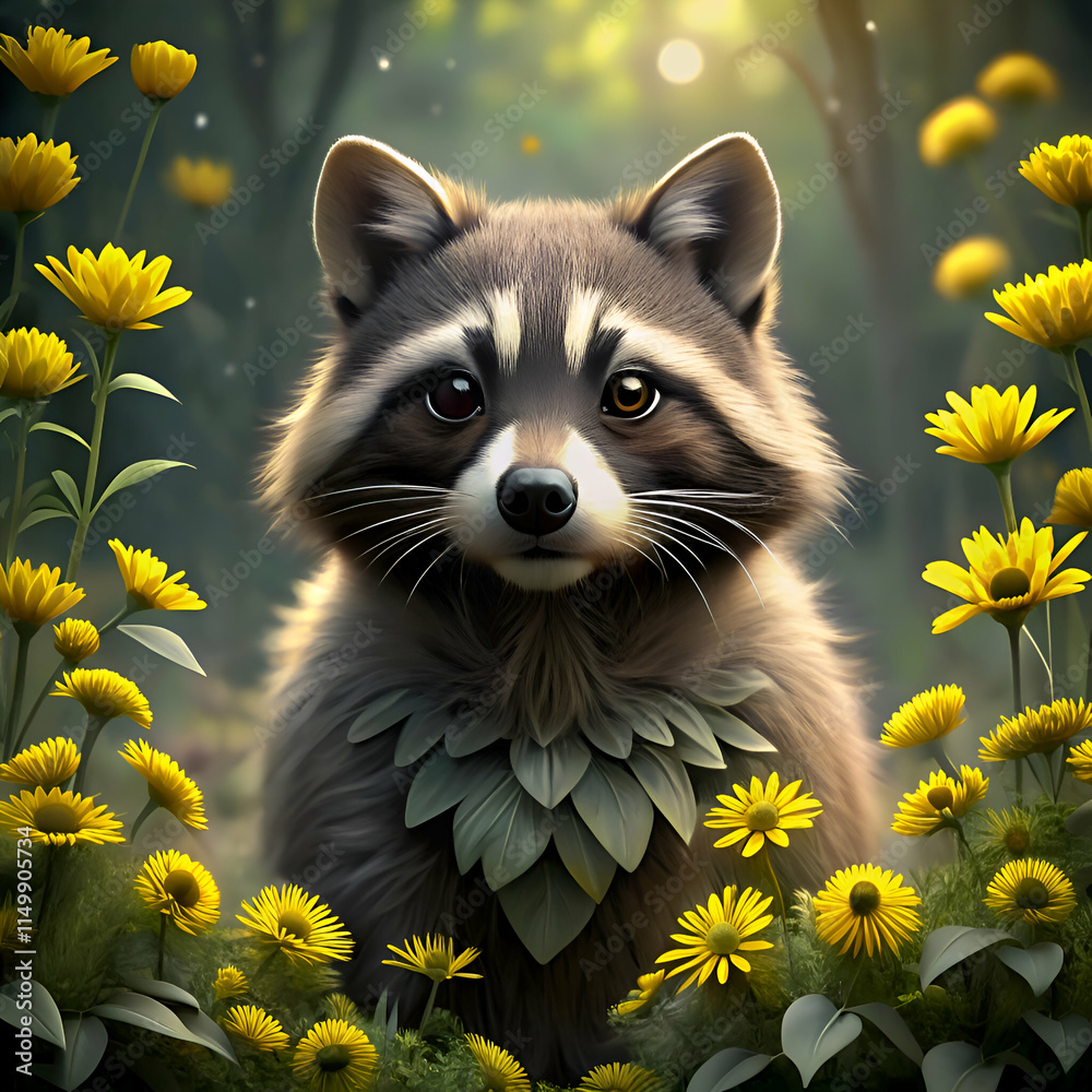 Obraz premium Charming raccoon in a flowery forest.