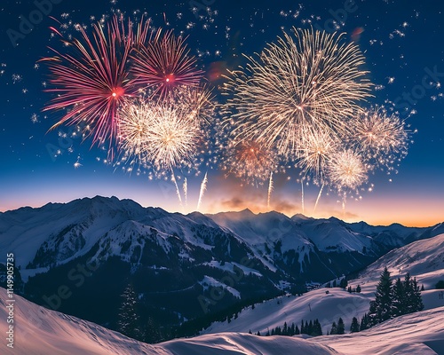 Fireworks Over a Snowy Mountain Range at Midnight for New Yeara??s Eve 2025