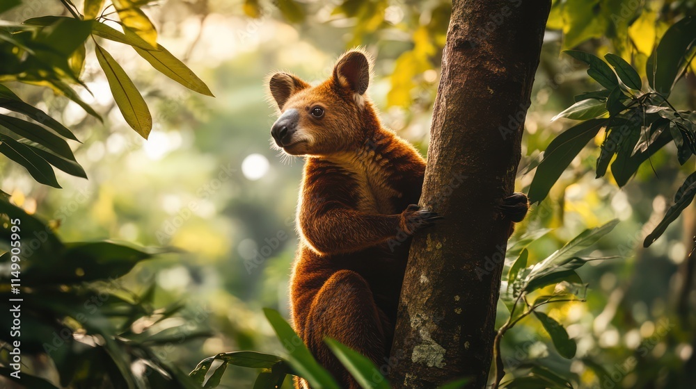 Obraz premium A tree kangaroo climbing a dense rainforest tree, surrounded by vibrant foliage and dappled light. The kangaroos soft, rust-colored fur contrasts beautifully with the vivid greens of its habitat, whil