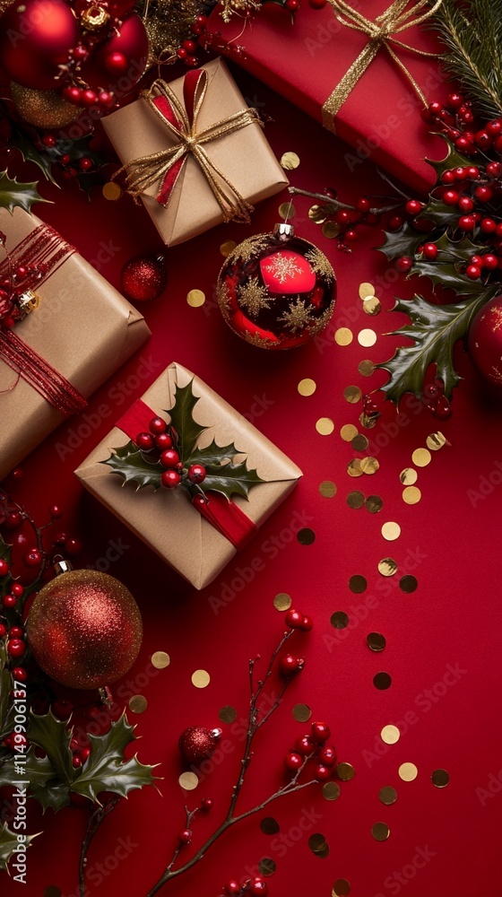 Festive Christmas composition with wrapped kraft paper gifts, red ornament balls, and holly leaves on deep red background with scattered golden confetti sparkles. Festive Christmas composition with wrapped kraft paper gifts, red ornament balls, and holly leaves on deep red background with scattered golden confetti sparkles.