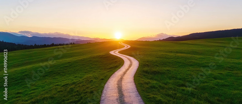 Sunrise on Winding Road, a vibrant dawn casts light on a meandering path, representing fresh beginnings and new journeys ahead