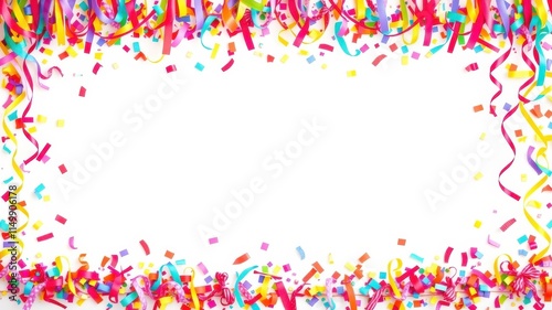 Colorful confetti and ribbons forming a festive border