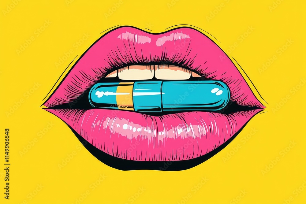 Obraz premium Pink lips holding a vibrant blue capsule