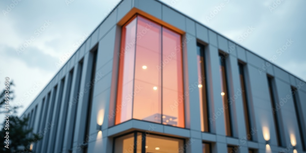 Fototapeta premium Modern Building Exterior at Dusk with Large Windows