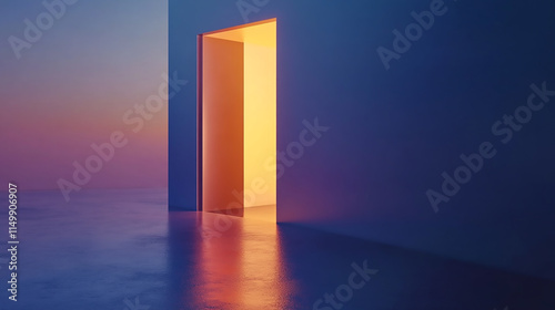 Abstract 3D render of white spheres and hills with pink and blue gradient background. Yellow light going through the open door isolated on navy background open door with glow light in blue room, opp

