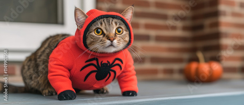 Spider cat exploring a haunted house porch, playful feline in costume, spooky atmosphere, Halloween spirit, whimsical charm photo