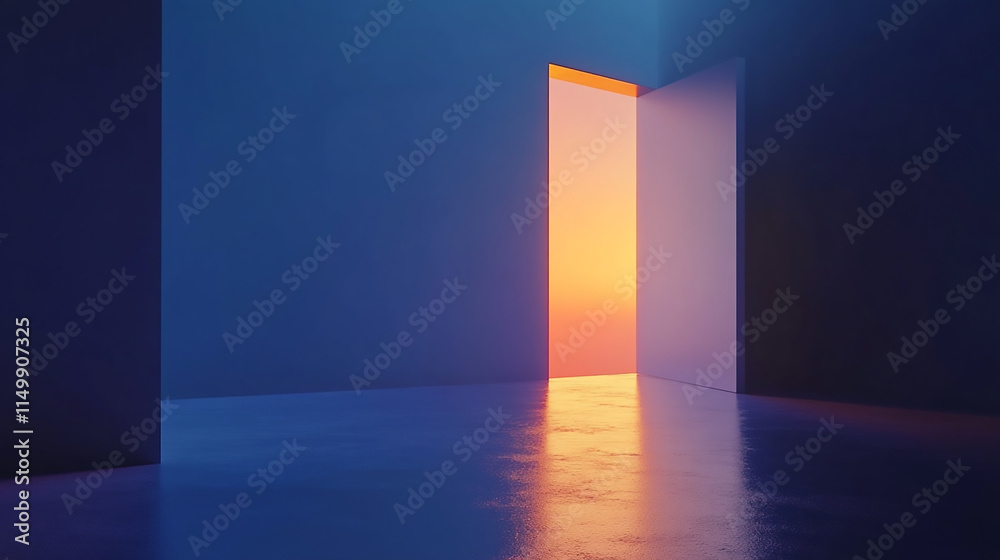 Fototapeta premium A long hallway with a blue wall and a pink wall 3 empty orange neon frames on dark blue background, glowing light frame with black inside empty room with door, open door, empty space