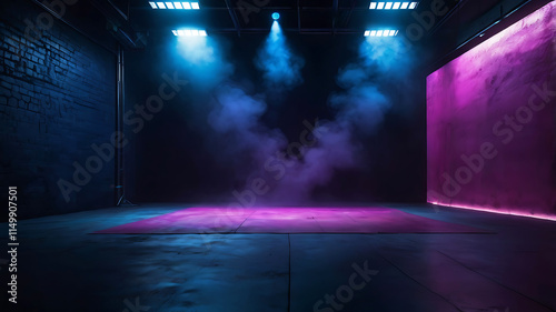 Wallpaper Mural The dark stage shows, empty dark blue, pink background, neon light, spotlights, The asphalt floor and studio room with smoke float up the interior texture for display products. Torontodigital.ca
