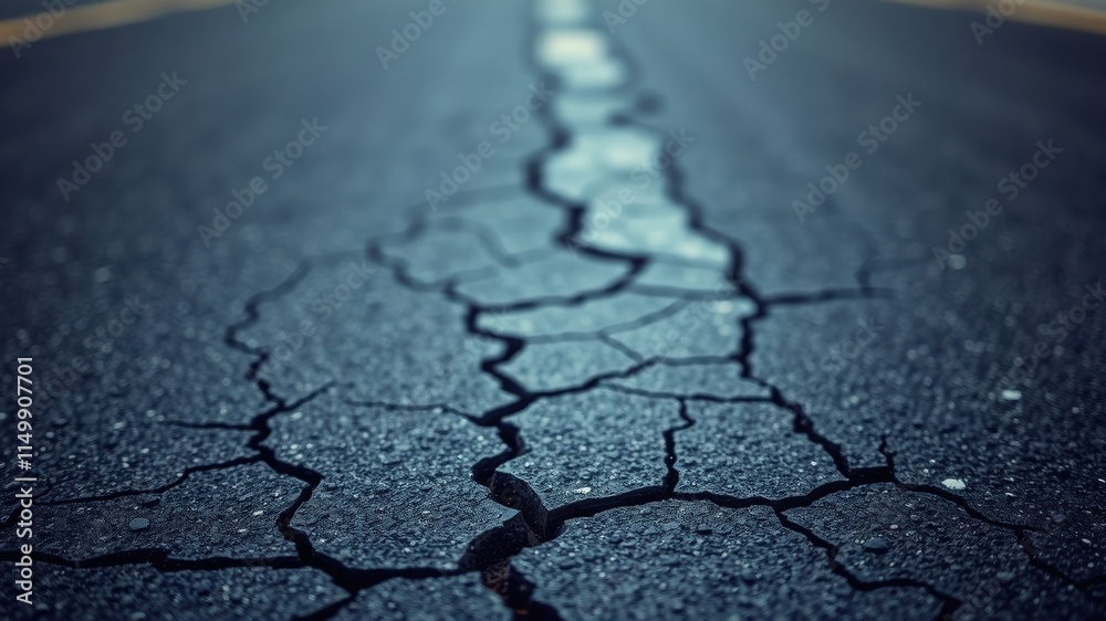 Obraz premium A Detailed Close-Up of Cracked Asphalt Road Surface
