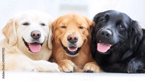 Obraz Trzy uśmiechnięte psy różnych ras leżące razem