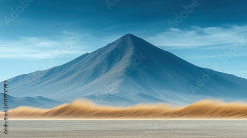 Majestic blue mountain under a vibrant sky, with sand dunes in the foreground, windy desert landscape. photo