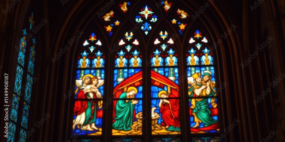 A serene nativity scene depicted in vibrant stained glass, showcased within a gothic arched window A serene nativity scene depicted in vibrant stained glass, showcased within a gothic arched window
