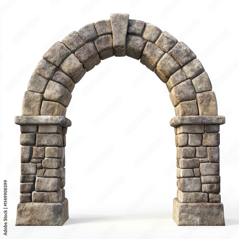 Fototapeta premium Stone archway, rustic gateway, isolated on white.