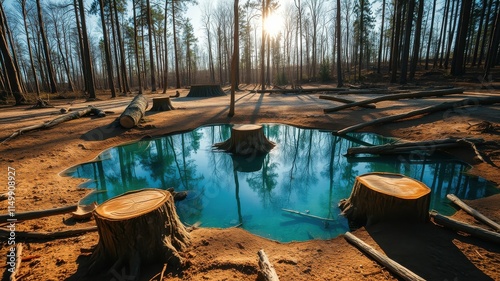 Serene woodland pool reflecting trees after selective logging photo