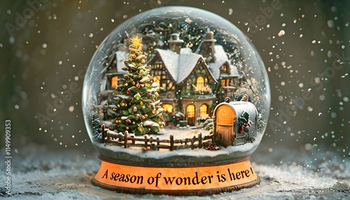 This New Year greeting card features a tranquil village encapsulated within a winter snow globe. The scene showcases cozy cottages with warm glowing windows, a decorated Christmas tree by a fence,