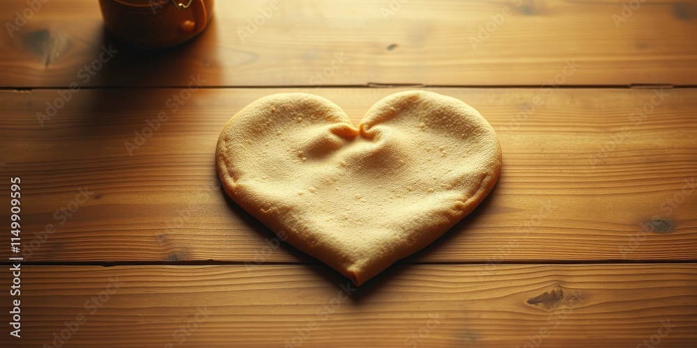 Heart-shaped pastry on a wooden surface near a cup Heart-shaped pastry on a wooden surface near a cup