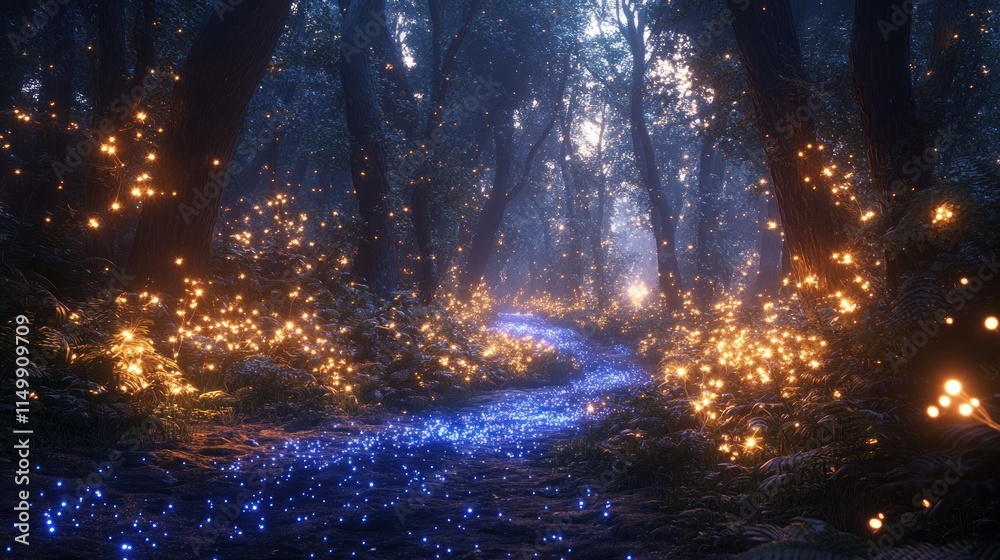 Fototapeta premium A mystical forest path illuminated by glowing lights and a shimmering stream.