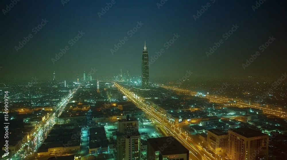 Obraz premium A stunning night-time aerial view showcasing a brightly illuminated cityscape with modern skyscrapers lining the streets. The glowing lights form a mesmerizing contrast against the deep blue sky