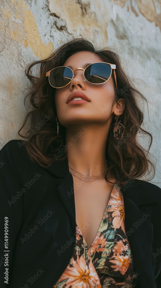 Woman with wavy hair in sunglasses poses against a textured wall in a casual outfit Woman with wavy hair in sunglasses poses against a textured wall in a casual outfit